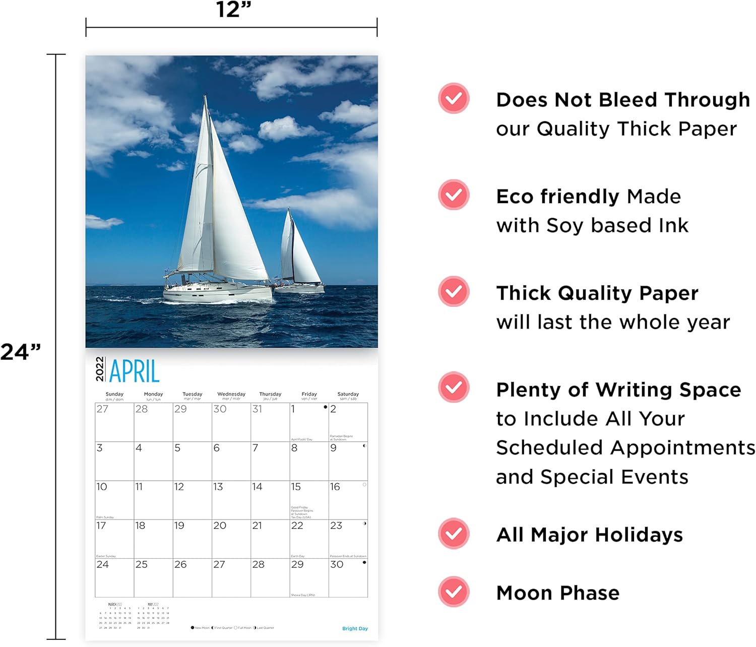 2022 Sailing Wall Calendar by Bright Day, 12 x 12 Inch, Boat Water ...