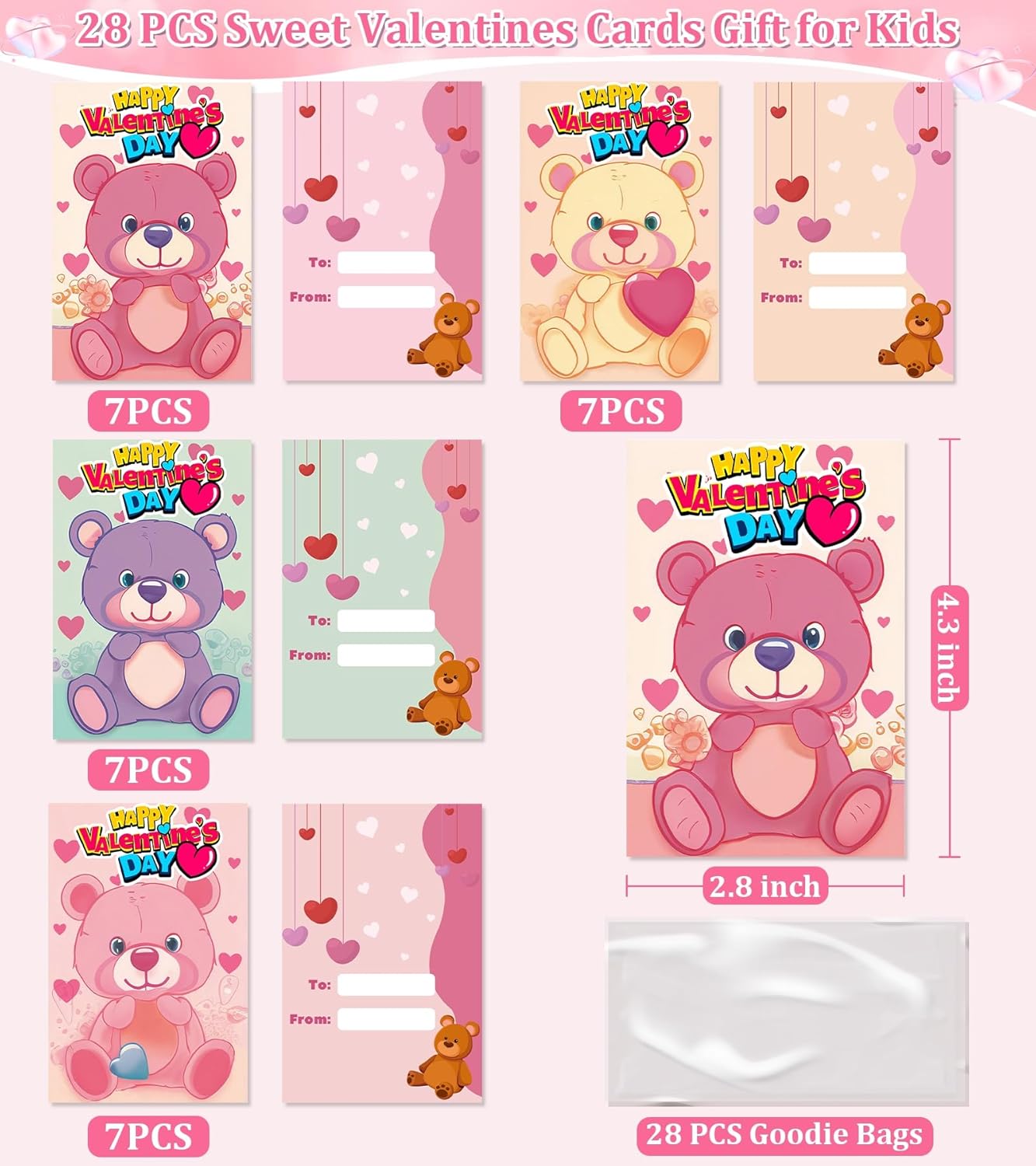 28 Pack Valentines Day Gifts for Kids Classroom Include Valentines Day Cards & School 5 in 1 Stacking Bear Pencils Kids Stationery for Classroom School Valentines Party Favors Valentine Exchange Gifts