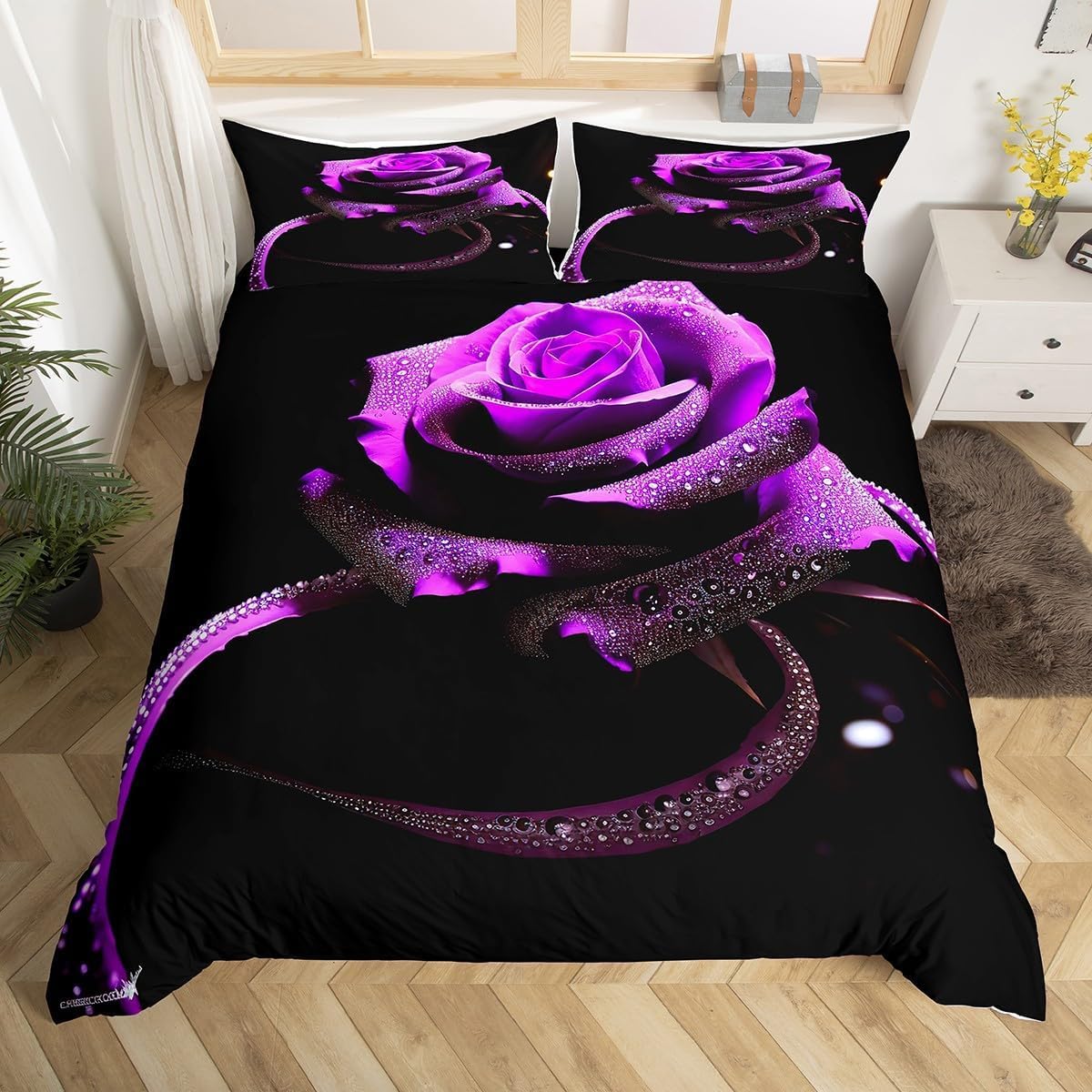 Housse de couette 240x260 violette chic et parure de lit fleur grand format pour fille et femme