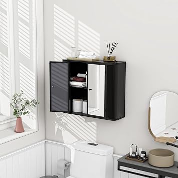 Black Wall-Mounted Bathroom Cabinet with Mirror, 2 Mirrored Doors & Open Shelf, Farmhouse Metal Frame Storage Cabinet with Open Compartment for Vanity, Toilet & Over-The-Sink