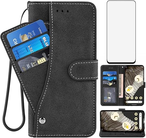 Asuwish Funda tipo cartera compatible con Google Pixel 7 Pro 5G y protector de pantalla de vidrio templado, soporte para tarjetas de crédito,