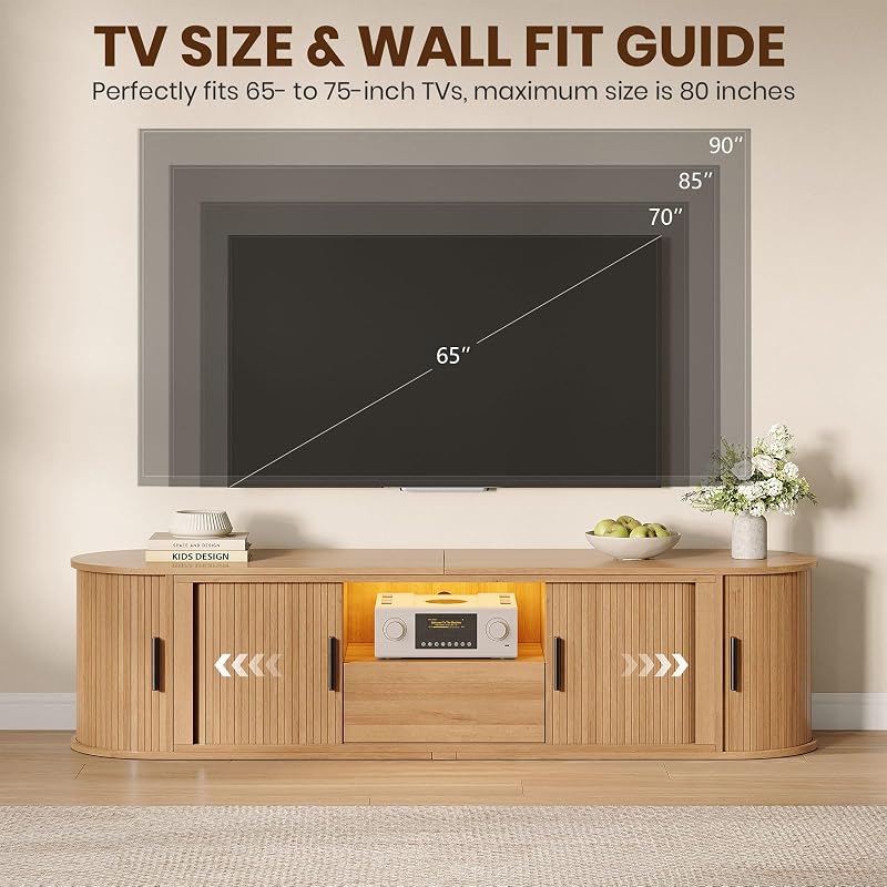 Vabches TV Stand, Extendable Media Console with Sliding Storage Doors, Modern Entertainment Center with Adjustable Shelves, Wooden TV Cabinet for 55–70 Inch TVs, Natural image 3