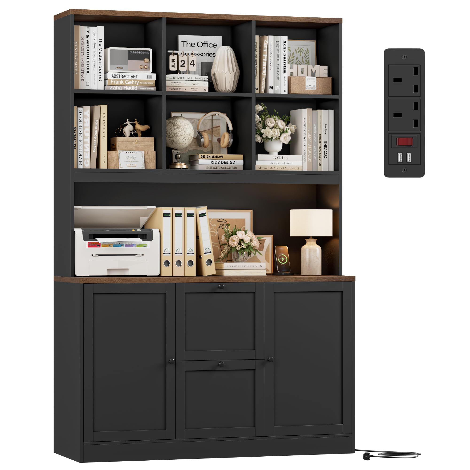 FirFurd Tall Bookcase with Power Outlet & Filing Drawer for A4/Letter Files โ image 1