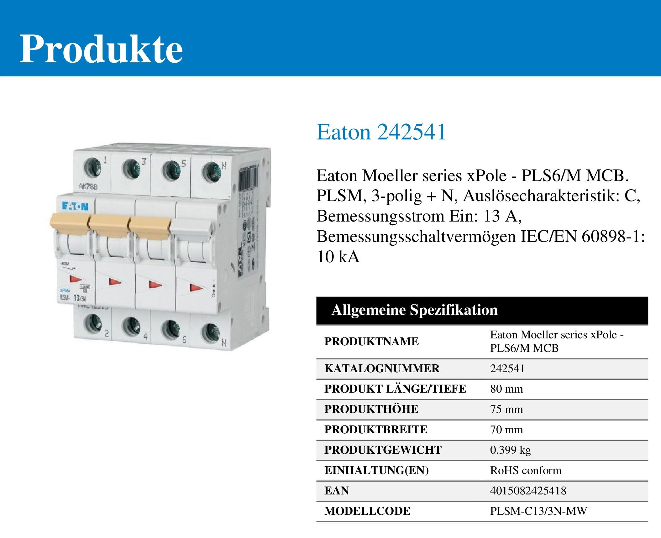 EATON PLSM-C13/3N-MW Leitungsschutzschalter