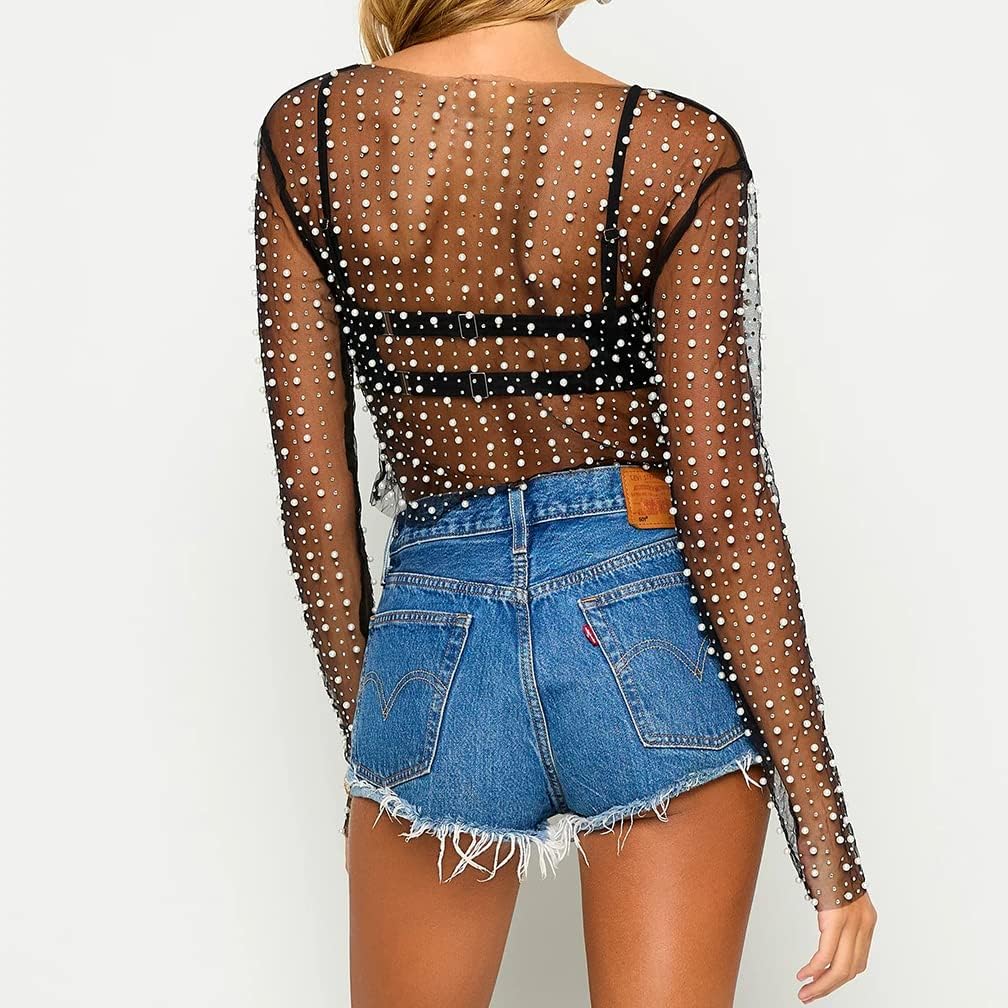 LOFAAC Women Sexy See Through Pearl Rhinestone Beaded Crop Top Y2K Long Sleeve Sheer Mesh Crop Blouse Shirt Clubwear 90s - Image 8