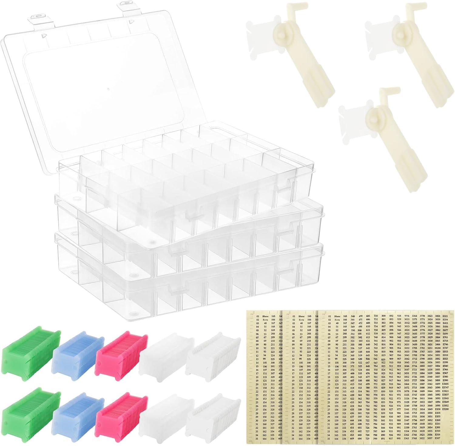 Aselected 3 Set of Embroidery Floss Organizer, 3 Removable 24 Compartments Embroidery Thread Storage and Bobbin Winder with Floss Bobbins and Stickers for Craft DIY Cross Stitch Thread Bead Jewelry