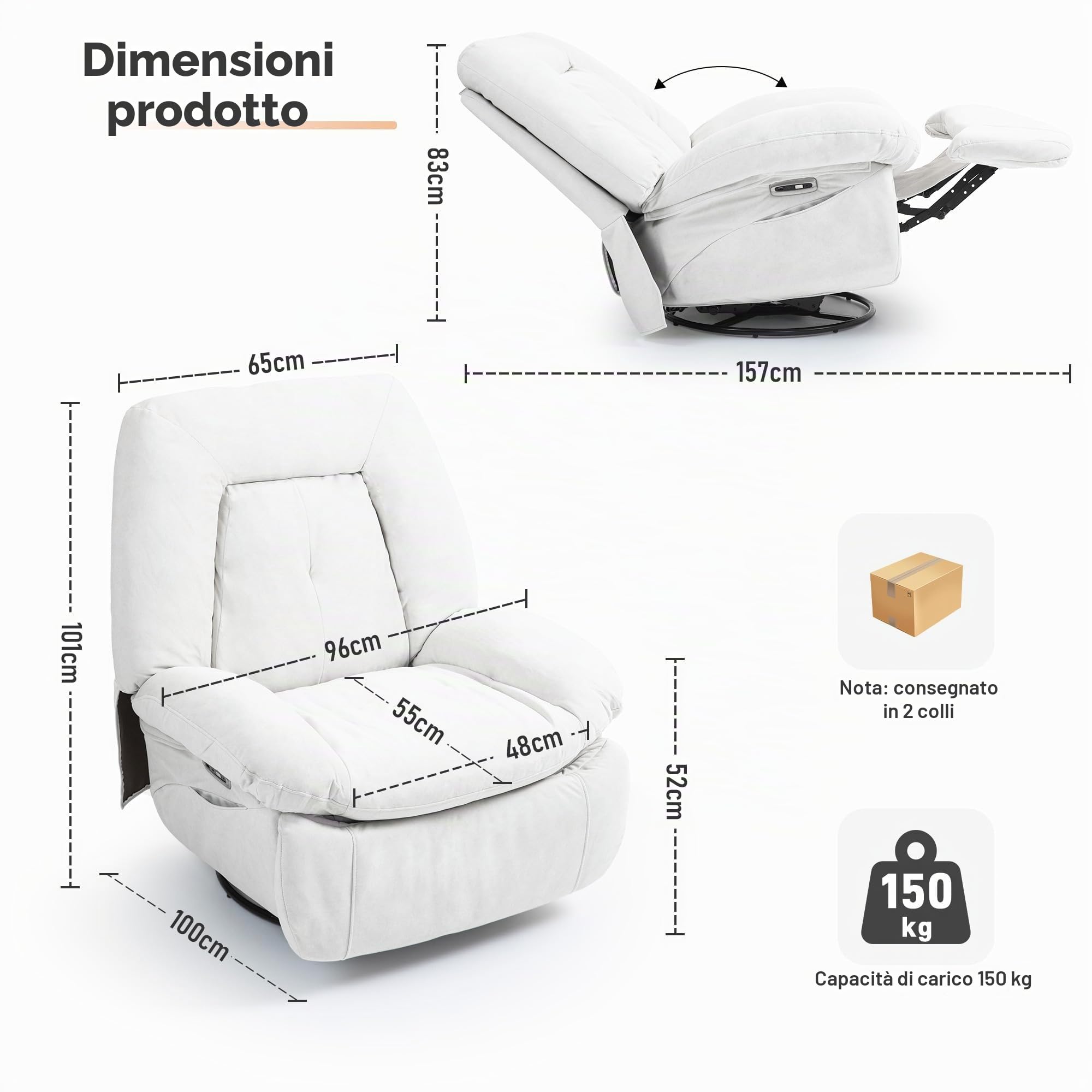 Poltrona relax elettrica per massaggio, riscaldamento vibrazionale, girevole con connettori tipo C e USB, 1 tasche laterali, poltrona reclinabile per TV, soggiorno (Bianco)