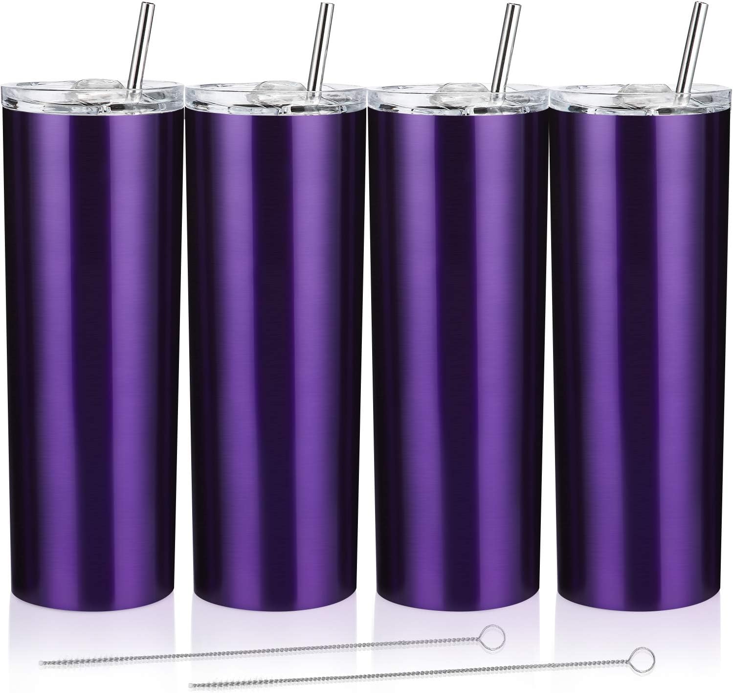4 Pack Classic Tumbler Stainless Steel Double-Insulated Water Tumbler Cup with Lid and Straw Vacuum Travel Mug Gift with Cleaning Brush (Transparent Purple, 20 oz)