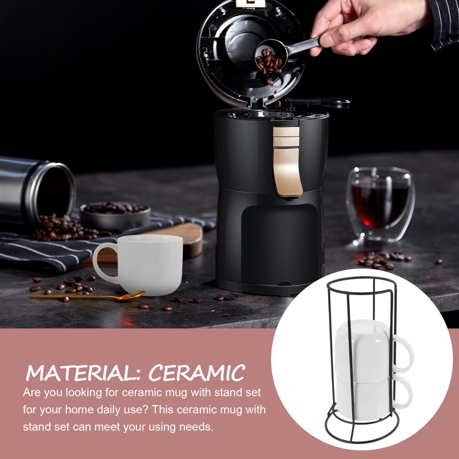 Operitacx Juego de Tazas de Cerámica Set de 4 Piezas de Color con Soporte de Hierro, Resistente y Fácil de Almacenar, Adecuado para Cafés y Oficinas