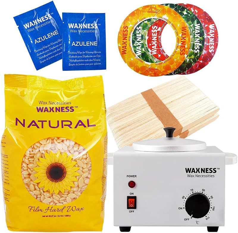 Kit de cera depilatória sem tiras Waxness com aquecedor, pérolas de cera dura Natural 1 kg – Fabricado na Itália
