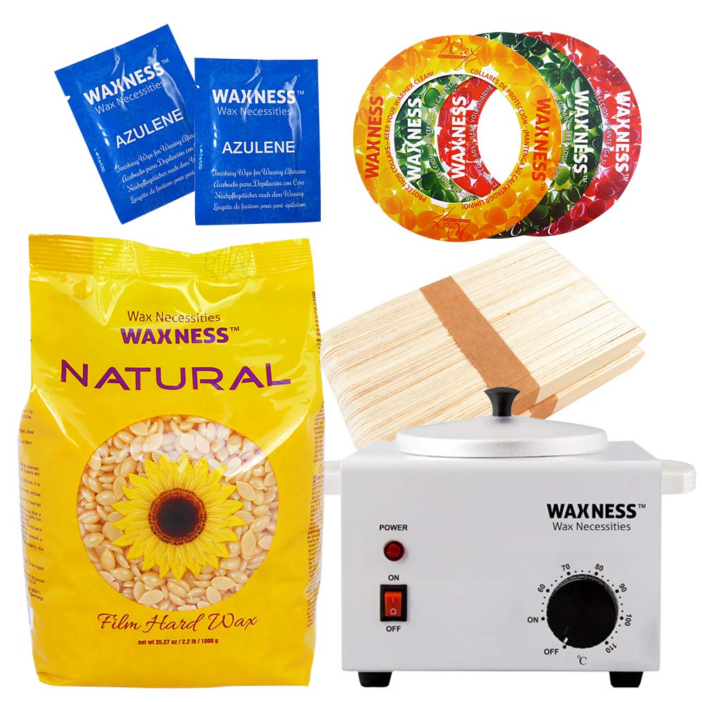 Waxness Natural Stripless Wax Kit with Heater, 2.2 lb (1 kg) Cream Hard Wax Beads – Professional Waxing Kit for Sensitive Skin, Face, Bikini & Body – Made in Italy