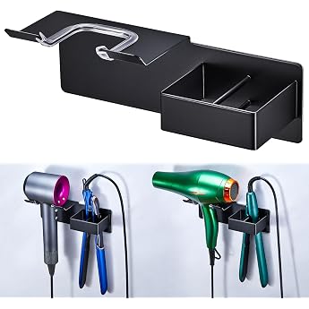 Hair Dryer and Straightener Holder Metal Hair Dryer Holder Wall Hair Dryer Holder Bathroom No Drilling for Hair Dryer and Straightener Storage Hair Dryer Holder Wall Mount for Bathroom Hotel Black