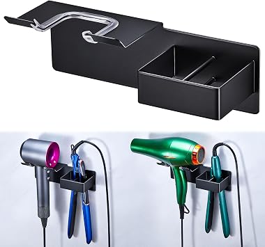 Hair Dryer and Straightener Holder Wall Mounted, Metal Adhesive Hair Tool Organizer for Blow Dryer, Curling Iron, Flat Iron, Bathroom Vanity Salon Barber Shops Black