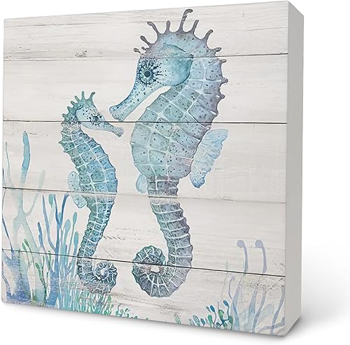 Knibeo Letrero de caja de decoración de caballito de mar, decoración de baño de océano, letrero de caja de madera de océano de acuarela de 5 x 5