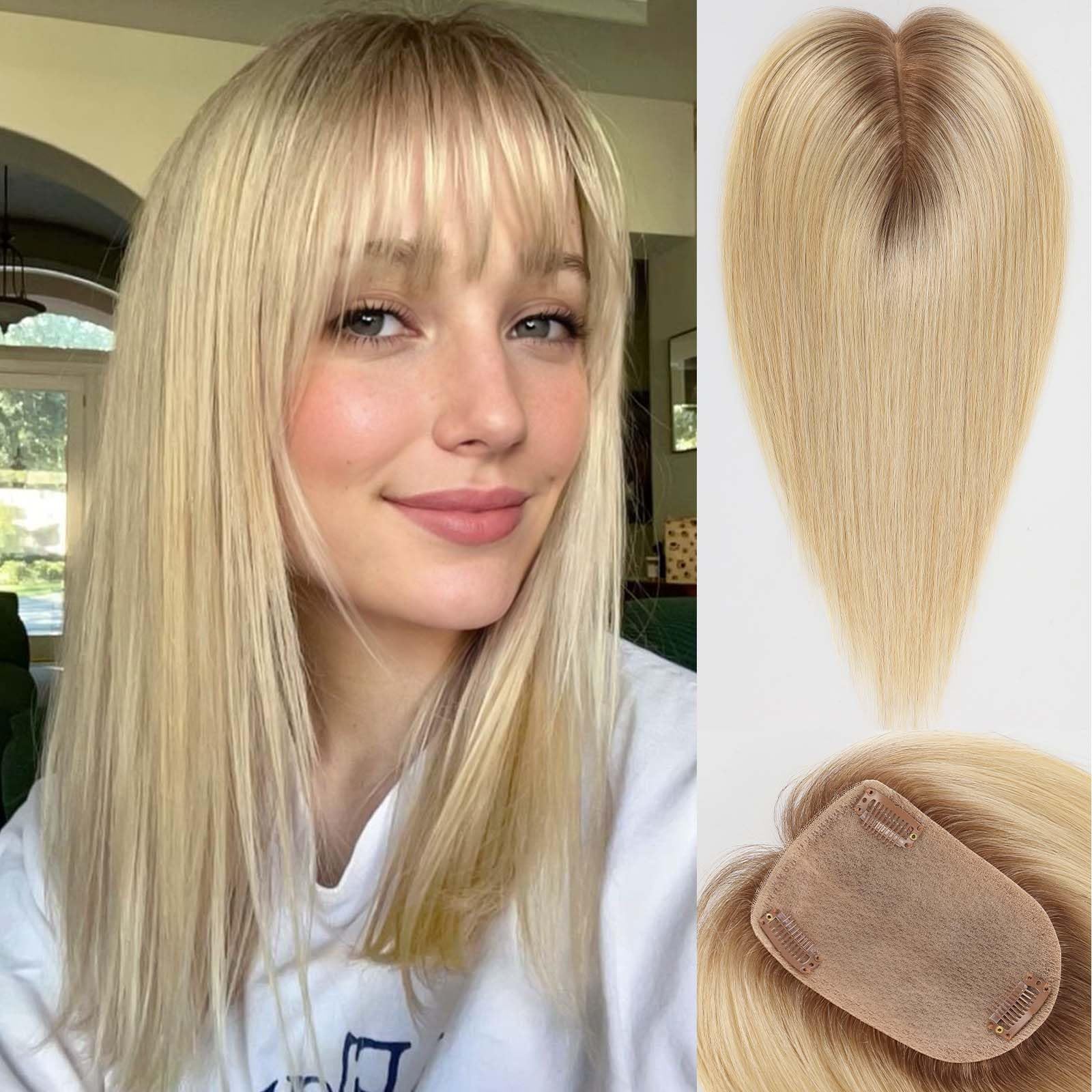 starluck Human Hair Toppers for Women Real Human Hair With Bangs 4 * 5.5 inch Base 12 inch SilkHug Topper for Women with Thinning Hair Cover Grey Roots(Ombre Light Blonde)