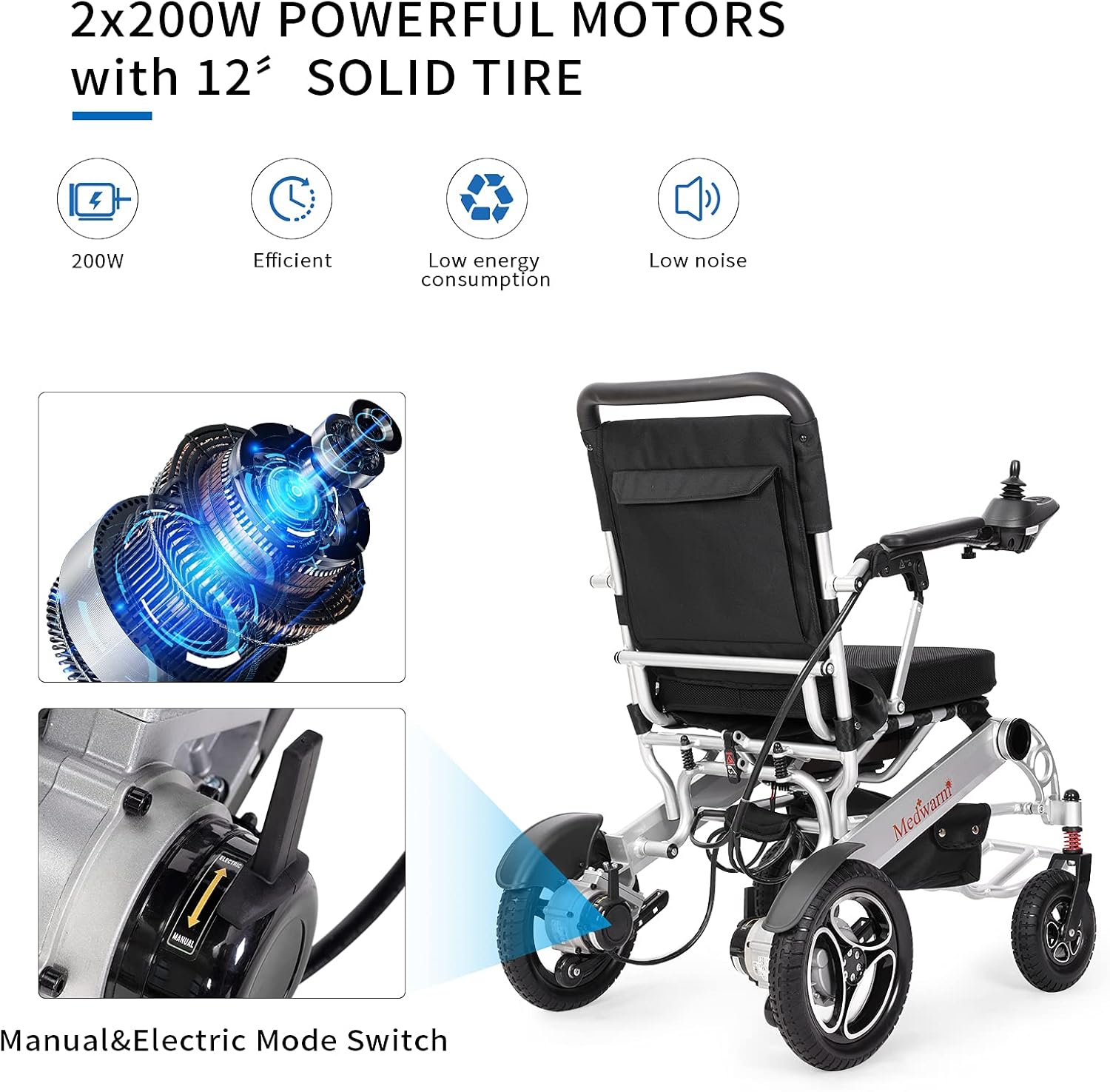 Medwarm Folding Aluminum Electric Wheelchair for Adults, Durable Power Wheelchair with Comfortable Seat : Health & Household