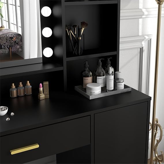 Panana Vanity Desk, Vanity Mirror with Lights and Table Set with 1 Big Drawers, 1 Cabinet & 4 Shelves Makeup Vanity Set 3 Lighting Modes Brightness Adjustable Dressing Table (Black)