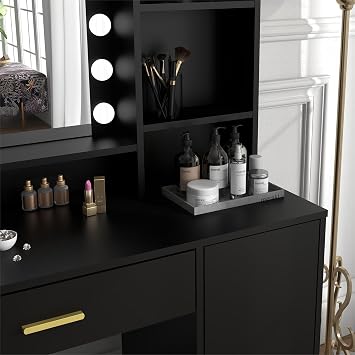 Panana Vanity Desk, Vanity Mirror with Lights and Table Set with 1 Big Drawers, 1 Cabinet & 4 Shelves Makeup Vanity Set 3 Lighting Modes Brightness Adjustable Dressing Table (Black)