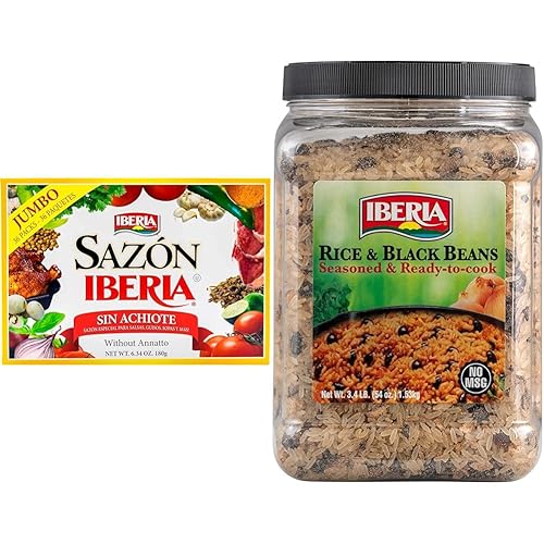 Sazon Iberia sin Achiote 6.34 onzas (36 paquetes) + arroz Iberia y frijoles negros, 3.4 libras