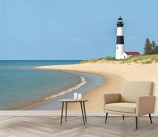 Wall Mural Lighthouse Beach Coastline Michigan Shore Great Lakes Peel and Stick Wallpaper Removable Self Adhesive Large Mural Wall Decor for Living Room Bedroom Kids Room 69''x96''