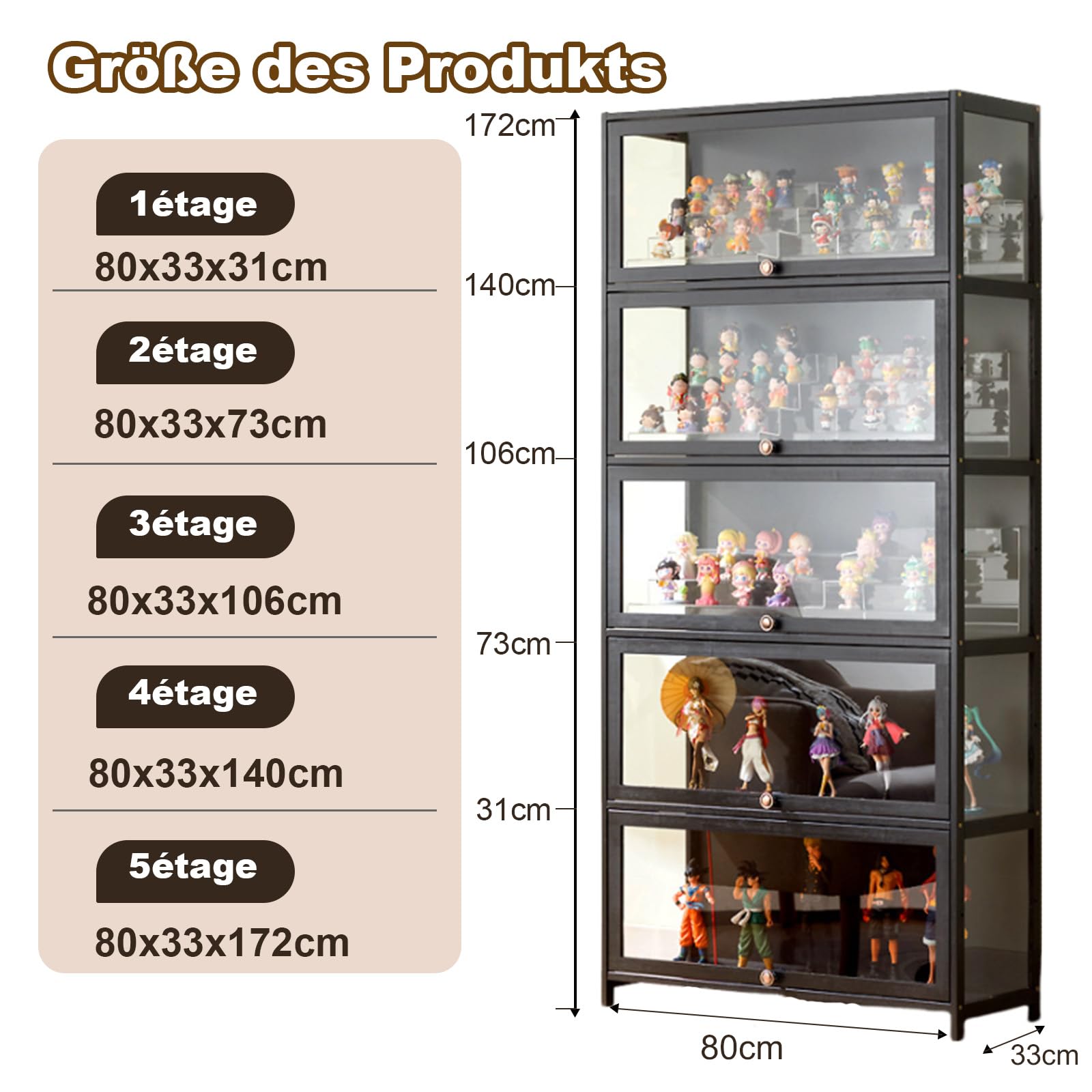 80x33x106cm Vitrina De Coleccionista, 4 Capa Vitrinas De Cristal, Vitrina Expositora para Colecciones Fácil De Limpiar para Figuras Coleccionables, Negro/Transparente por Tres Lados