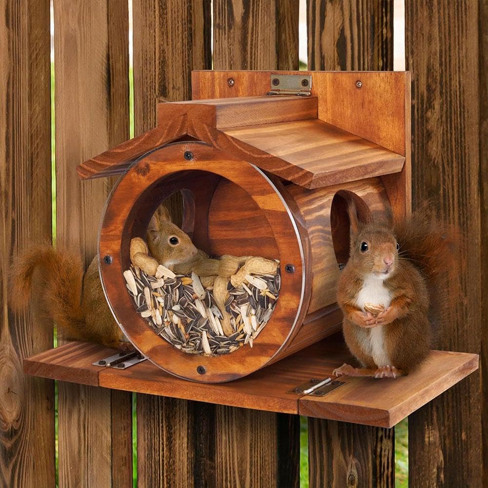 Wood Squirrel Feeder, Wall Mounted Chipmunk Feeder Large Hole Squirrel Feeding House, Easy to Fill Feeding Station House Box for Tree Fence