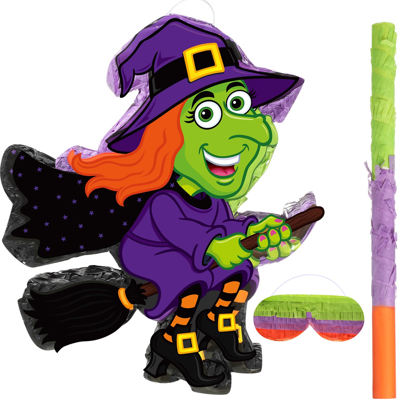 Aoriher Piñata de Bruja de Halloween Decorativa con Palo Vendar de Ojos y Confeti Piñata Rellena de Dulces para Halloween Fiesta Cumpleaños Mexicana Suministros Juego
