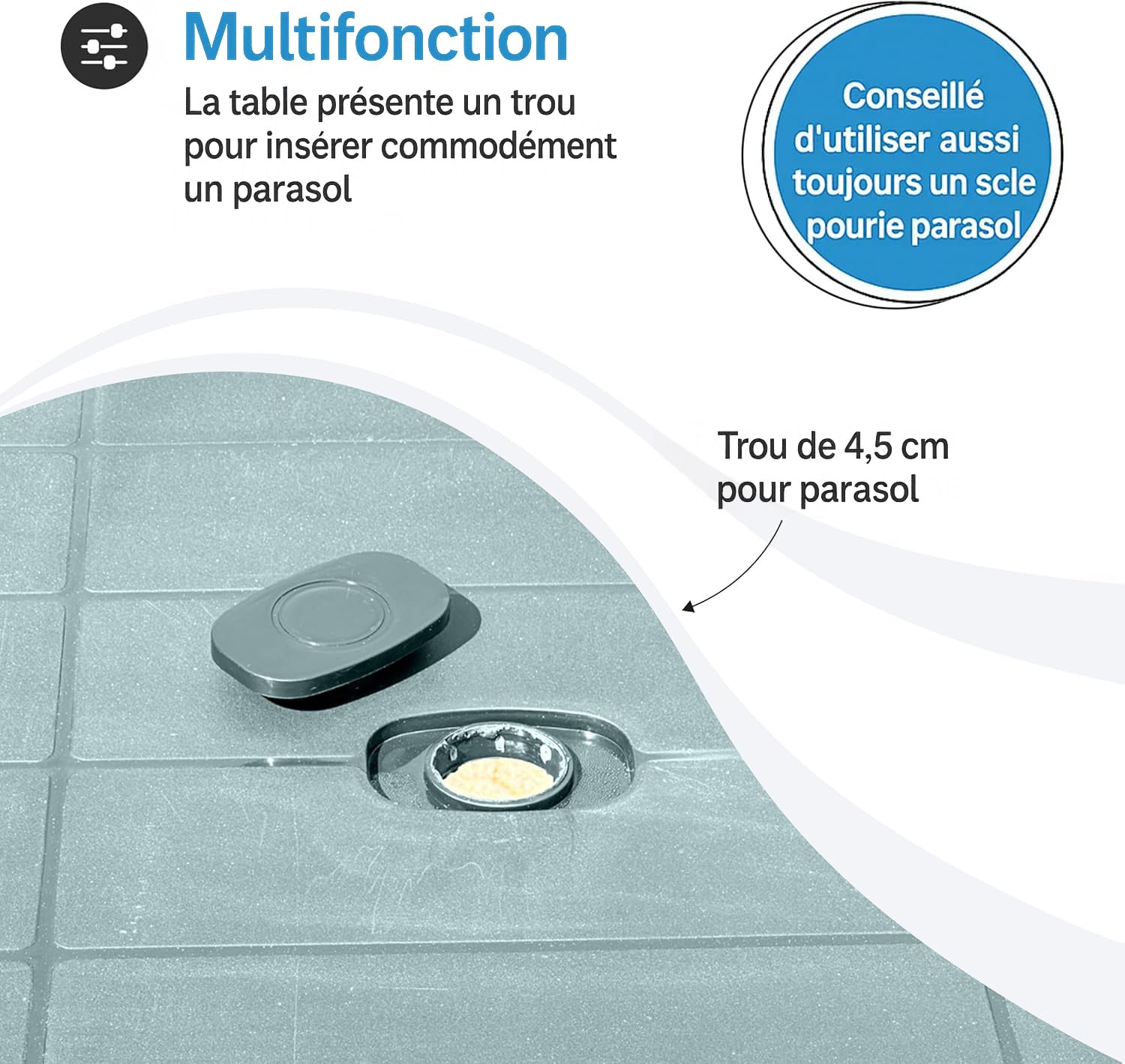 Tomaino Table de jardin carrée en plastique pour 6 places avec trou pour parasol