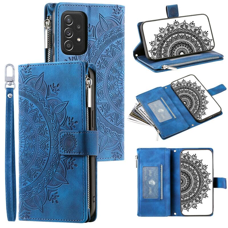 Étui Galaxy S23 Ultra en cuir bleu floral de qualité supérieure avec fermeture