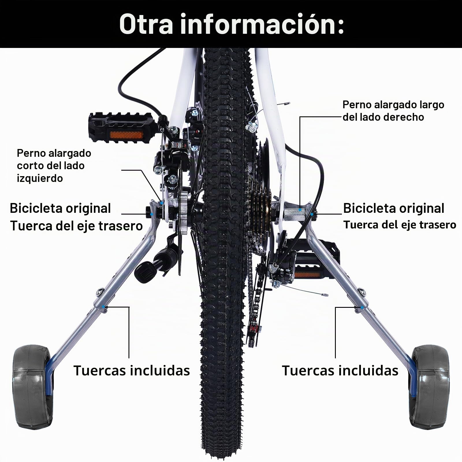 Ruedas de entrenamiento para bicicleta, par de ruedas traseras resistentes con estabilizadores montados para bicicleta variable de 16, 18, 20, 22 y 24 pulgadas, para niños y niñas (negro)