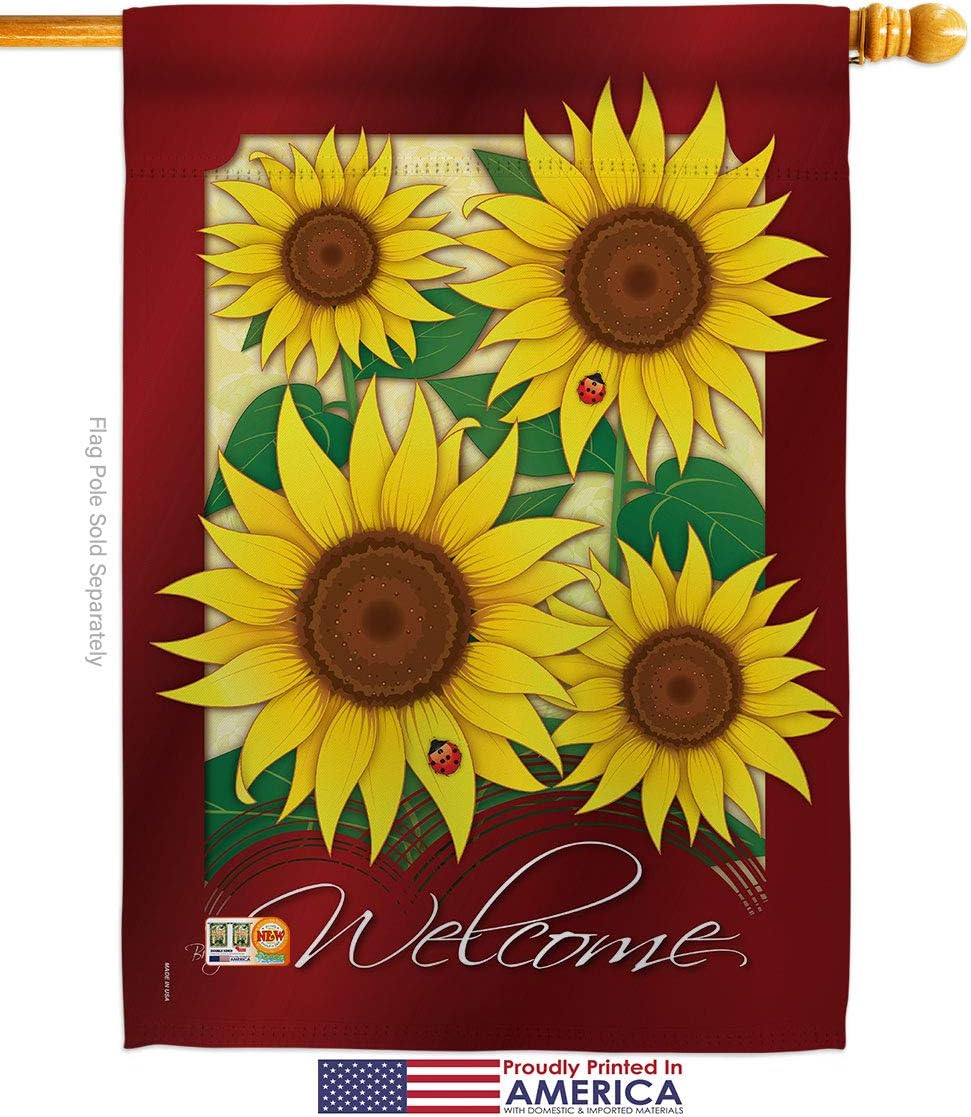 Welcome Sunflowers House Flag Garden Floral Sunflower Tulip Rose Orchid Lilies Season Springtime Flower Wreath Small Decorative Gift Yard Banner Made In USA 28 X 40