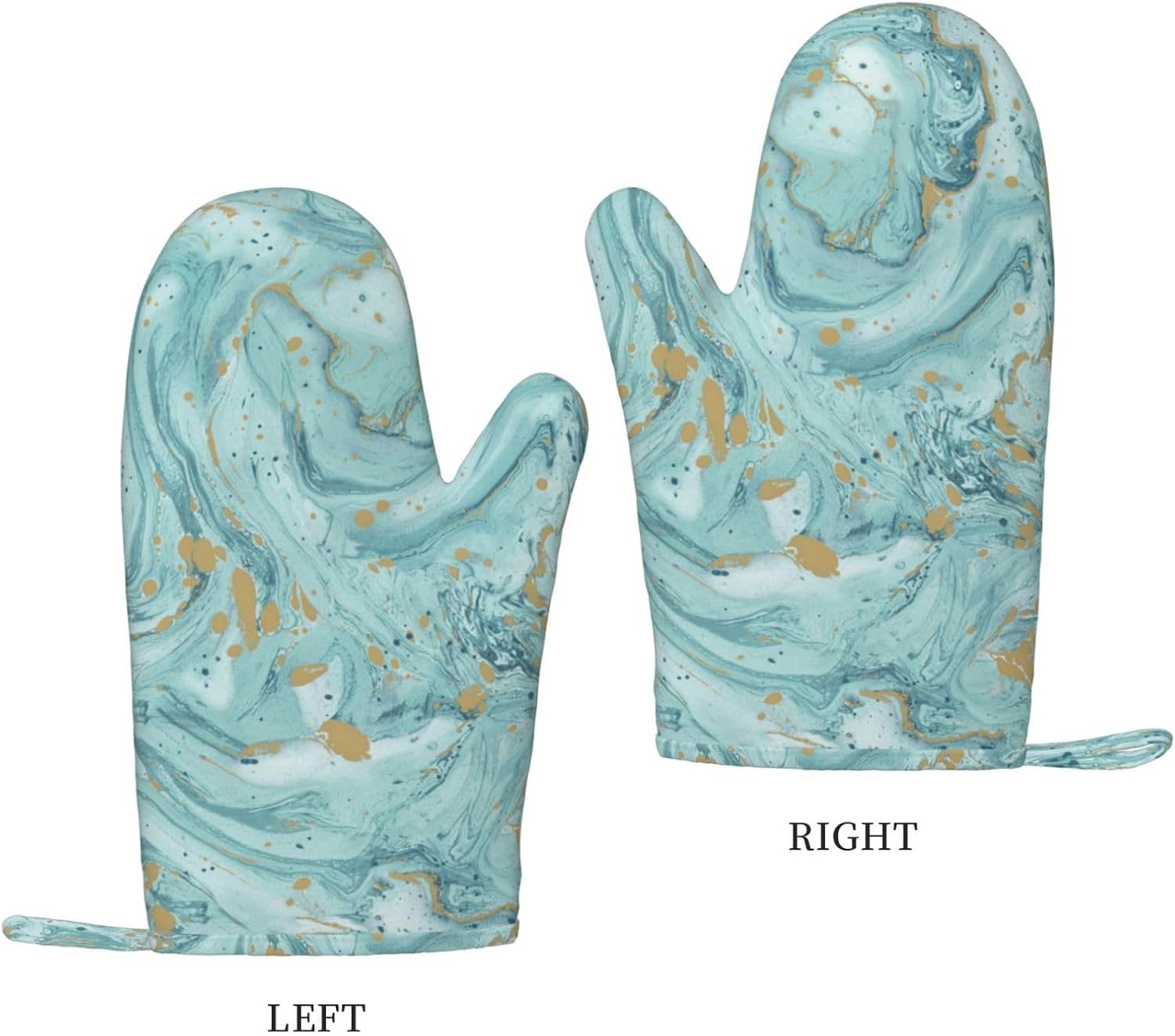 Azurite Teal and Foil Gold Oil Marble Pattern Oven Mitts and Pot Holders Set of 4 Heat Resistant Kitchen Gloves with Silicone Palm Hot Pads for Baking Cooking Grilling BBQ