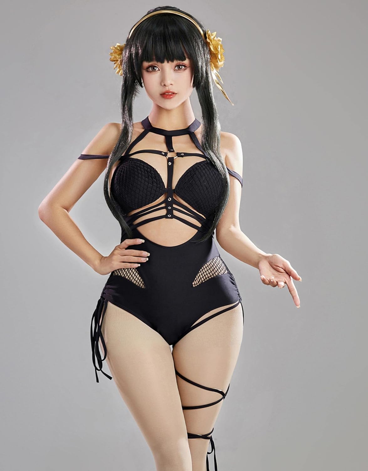 haikyuu Women Anime Derivative One Piece Swimsuit with Wrap Skirt and Headband Mesh Bathing Suit Halter Swimwear