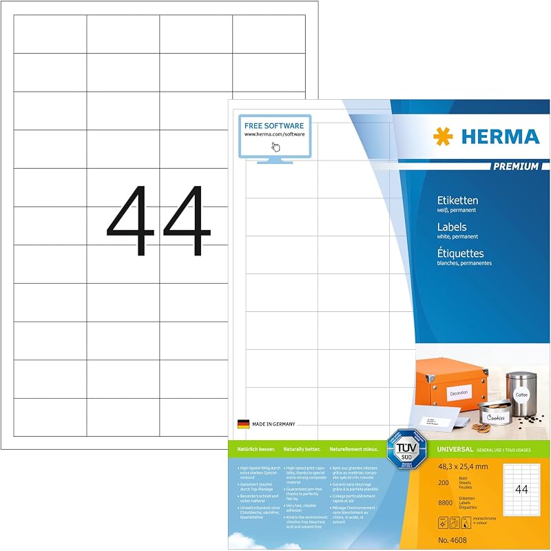 HERMA 4608 Universal Labels, 200 Sheets, 48.3 x 25.4 mm, 44 per A4 Sheet, 8800 Pieces, Self-Adhesive, Printable, Matt, Blank Paper Adhesive Labels Stickers, White