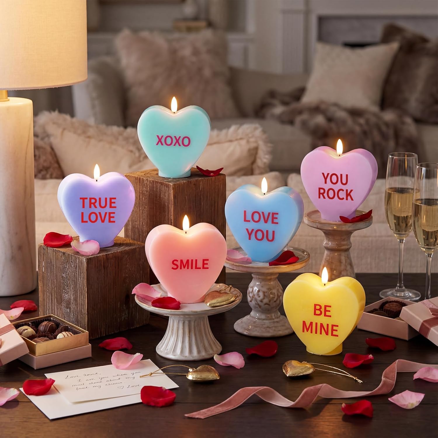 Baquler 6 Pcs Valentine's Day Conversation Hearts Flameless Candles Pastel LED Lights Battery-Operated Flickering Fake Candles 3.5" x 4.5" for Romantic Date Night Anniversary Wedding Party Gift Decor