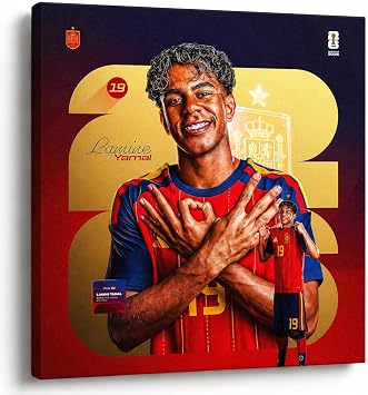 Lamine Yamal Golden Nineteen Spain Soccer Player Portrait Canvas, 8x10 | Number 19 soccer player portrait on textured matte canvas for teen rooms, dorms, game rooms, sports rooms and fan walls.