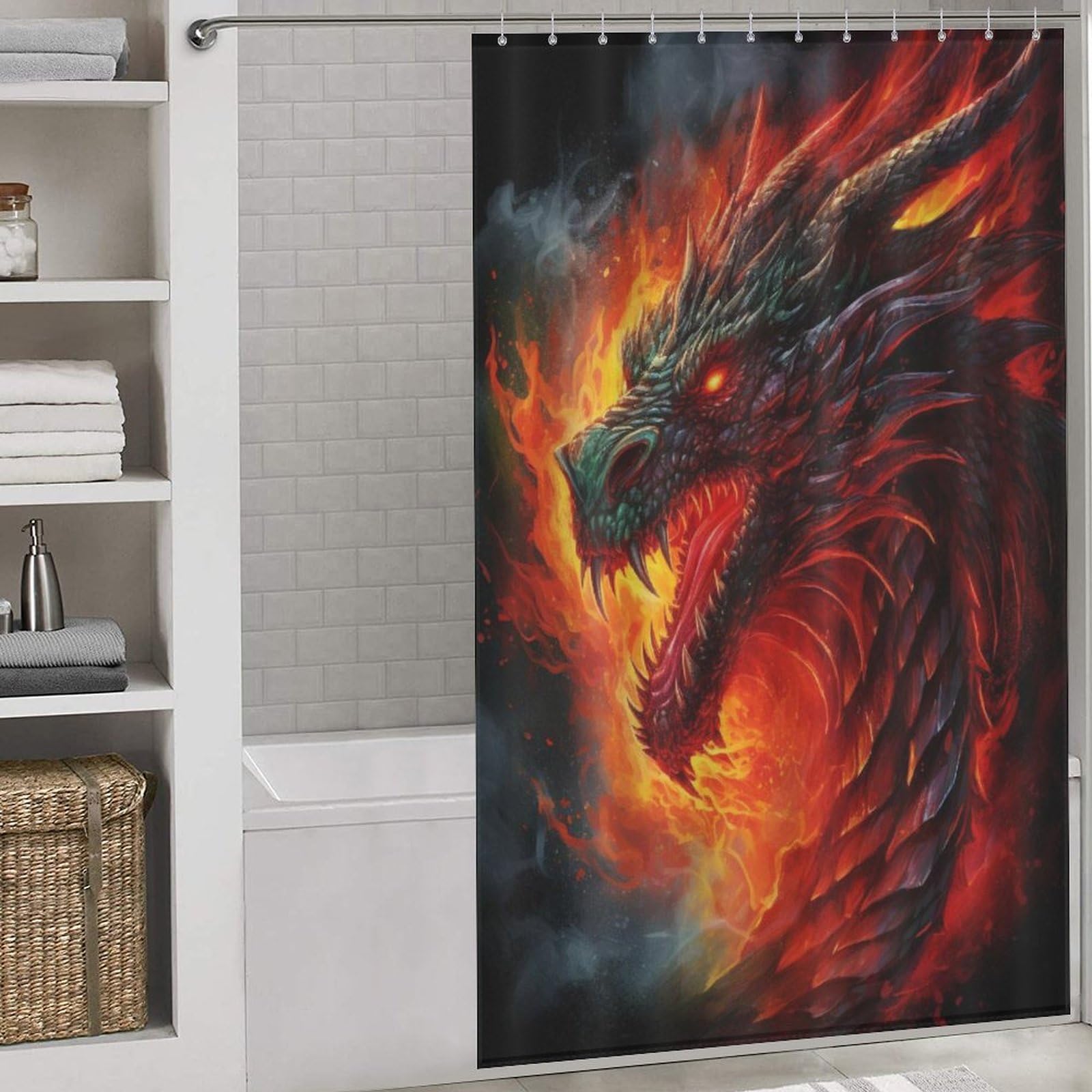 Rideau de douche dragon imperméable en tissu polyester lavable avec 12 crochets 140x183cm