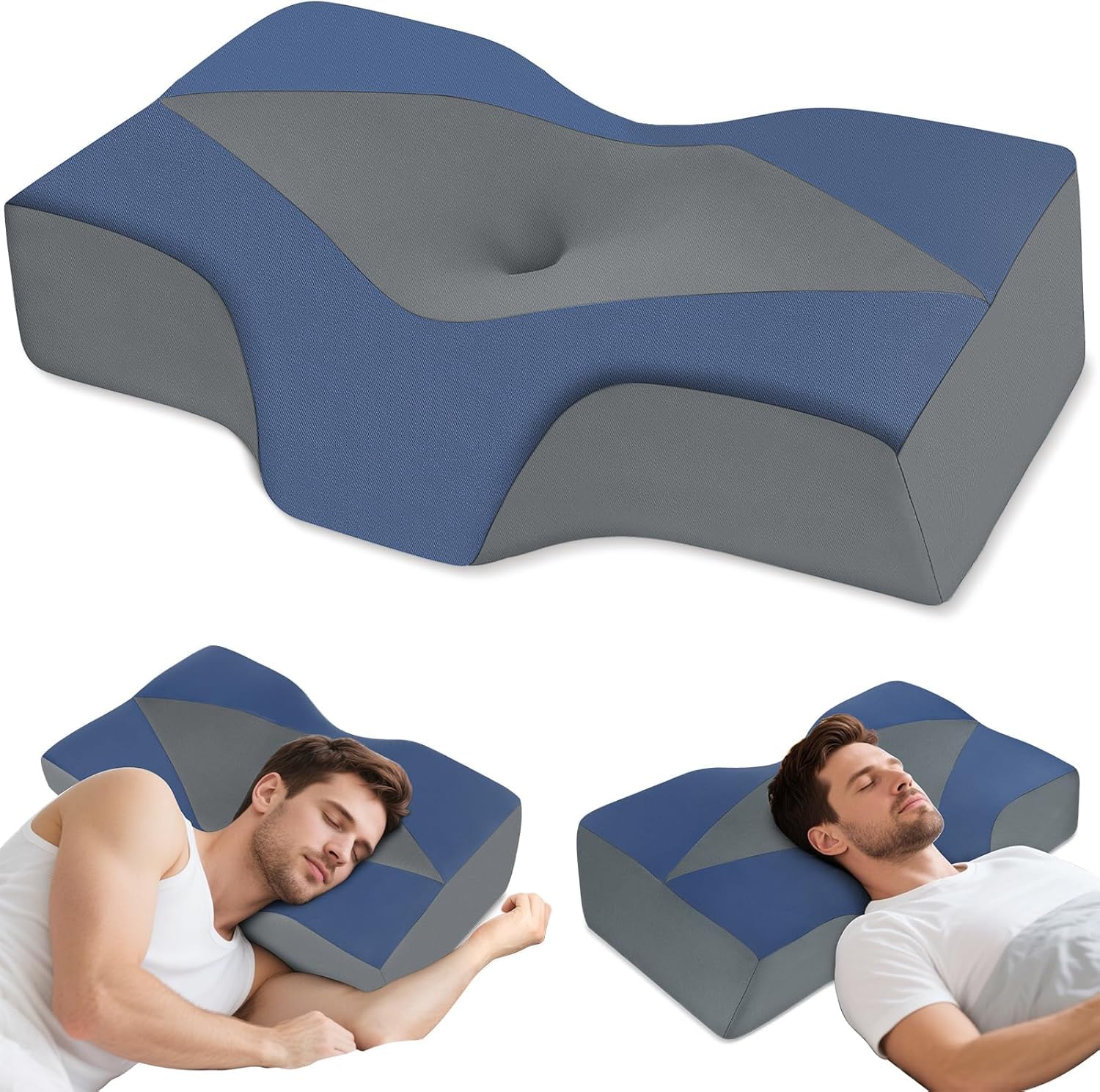 Hypuno Nackenstützkissen gegen Nackenschmerzen, orthopädisches Kopfkissen, ergonomisches Memory Foam Nackenkissen mit 2 Höhen, Hohlraum & kühlendem Bezug, für Seiten- und Rückenschläfer - Dunkelblau