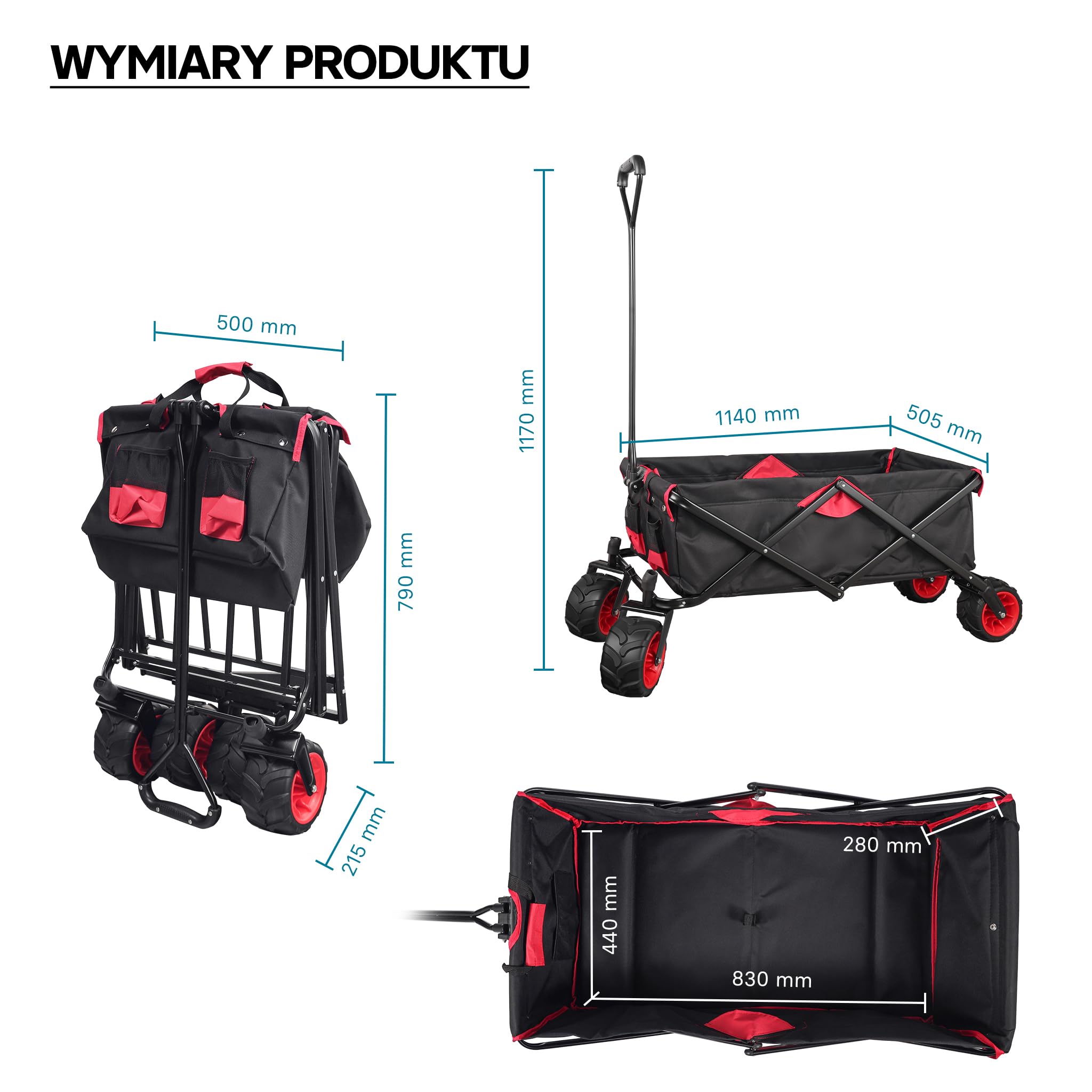 Wiltec Składany wózek transportowy czarny do 80 kg obciążenia, kompaktowa przyczepka kempingowa, solidny wózek terenowy, turystyczny, ogrodowy