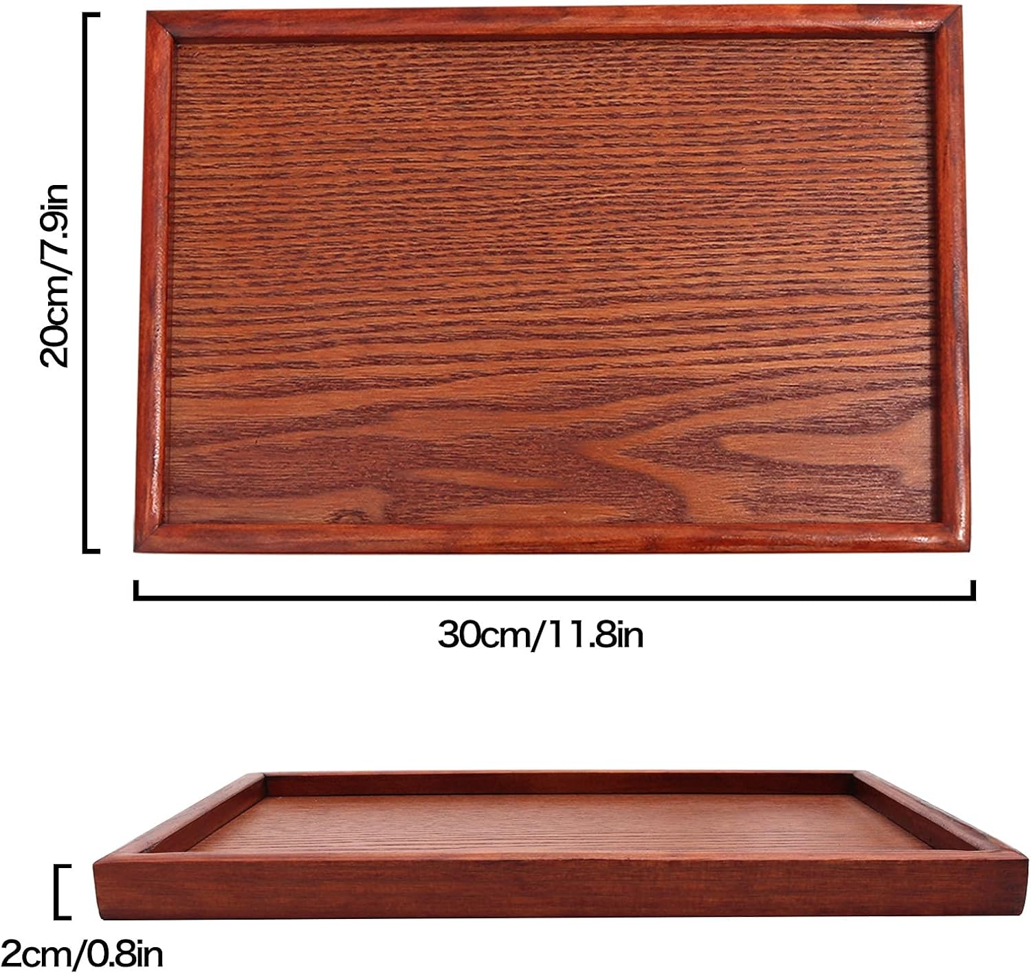Solid Wood Serving Tray, Rectangle Non-Slip Tea Coffee Snack Plate, Food Meals Serving Tray with Raised Edges for Home Kitchen Restaurant(11.8x7.9x0.8, Brown) - Image 6