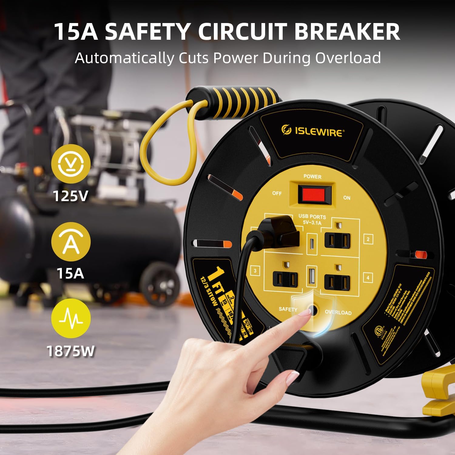 Extension Cord Storage Reel with 4-Grounded Outlets & 2 USB Ports, Heavy Duty Open Cord Reel for 12/3,14/3,16/3 Gauge Power Cord, Hand Wind Retractable, 15A Circuit Breaker, ETL Listed, Yellow