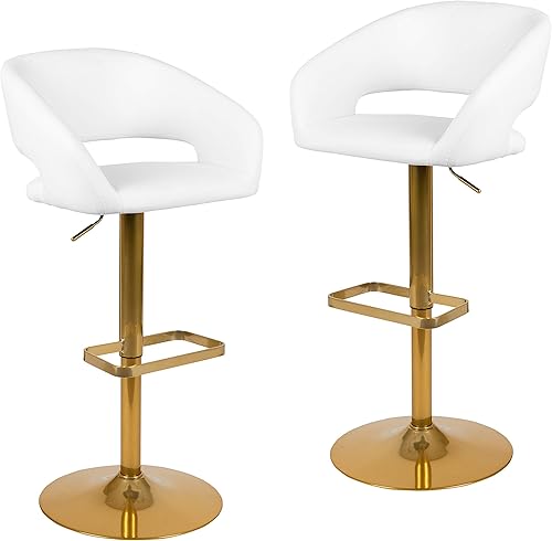 Miniatura 2 de EMMA + OLIVER Taburete de bar de vinilo blanco de altura ajustable con respaldo medio redondeado y base dorada