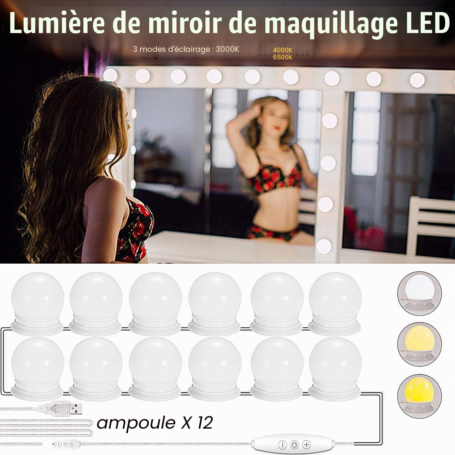 Lumière de Miroir, 12 Ampoules Hollywood Kit de Lumière LED Dimmable Lampe pour Cosmétique Salle de Bain 3 Couleurs 10 Niveaux de Luminosité (Miroir Non Inclus)