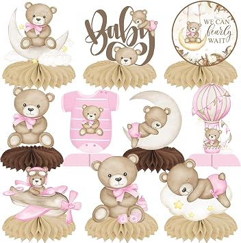 Bear Honeycomb Centerpieces Bear Baby Shower Decorations 11PCS Teddy Bear Table Centerpieces We Can Bearly Wait Baby Shower Decorations Pink Bear Theme Birthday Gender Reveal Party Supplies