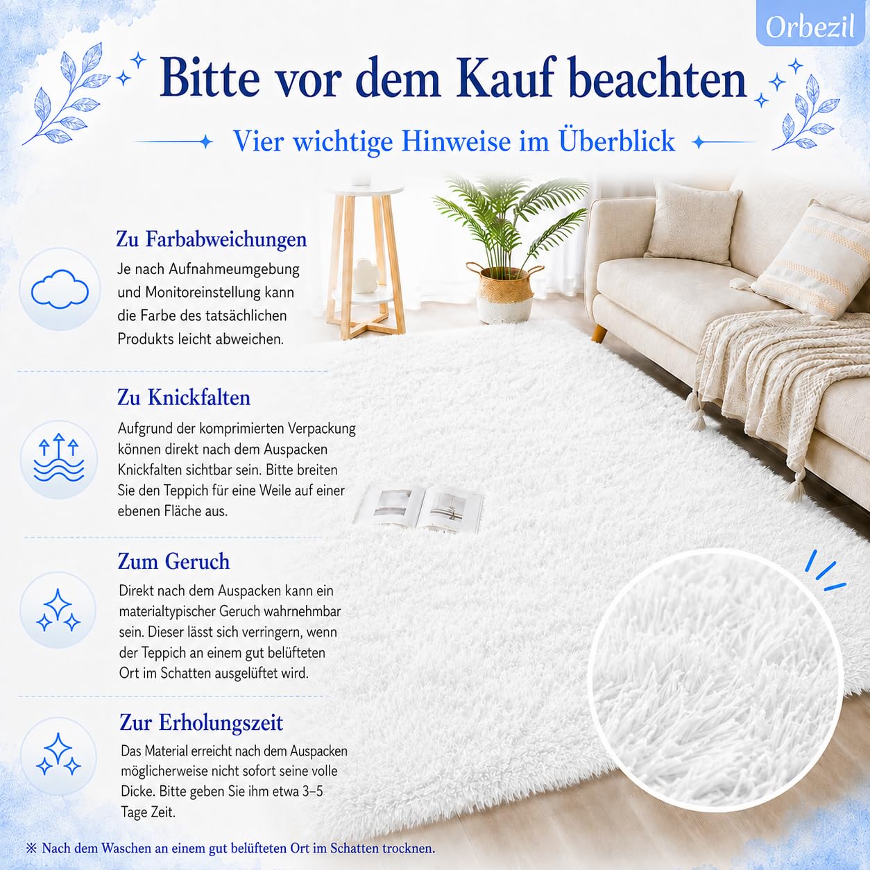 Hochflor Teppich Weiß 200 x 300 cm, Flauschiger Waschbarer Shaggy Teppich mit Anti-Rutsch-Unterseite, Leichtgewichtiger Langflor-Kuschelteppich für Wohnzimmer, Schlafzimmer und Kinderzimmer