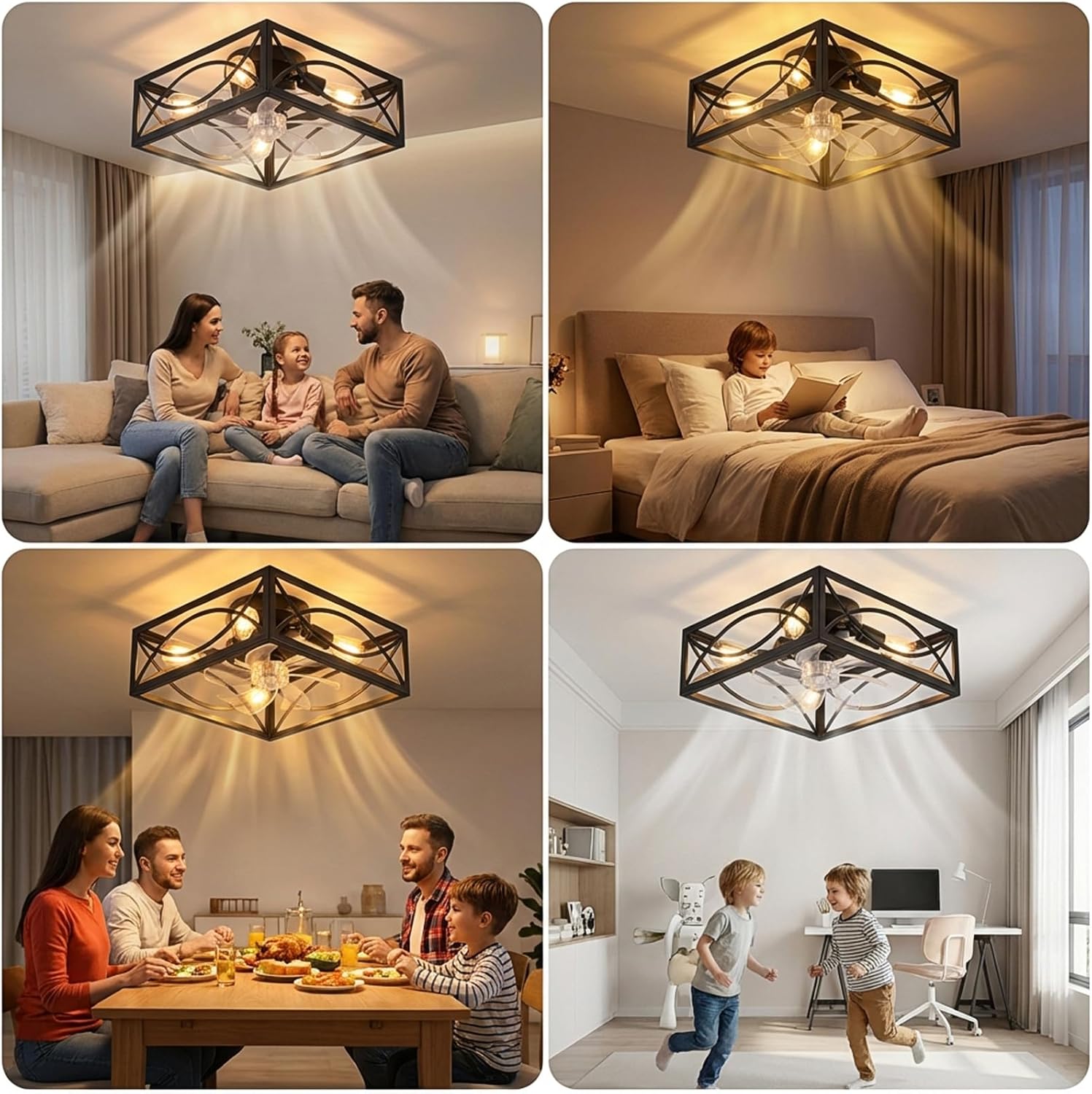 LIONVISON Caged Ceiling Fan with Lights: 16" Low Profile Flush Mount Fandelier with Remote - 6 Speeds 4H Timer for Young Couple Indoor Bedroom Kitchen Living Room Farmhouse Quiet Ceiling Fan