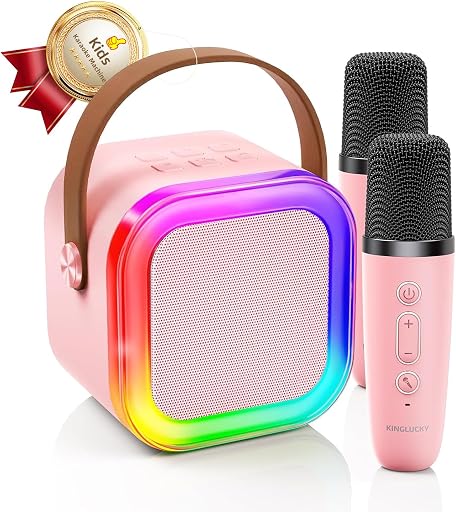 Kinglucky Mini Karaoke Machine for Kids, Top Birthday Gift Pick for Girls Ages 3, 4, 5, 6, 7, 8, 9, 10, 11, 12 Years Old, Kids' Personal Video Players Accessories with 2 Mics Singing Present Toy, Pink