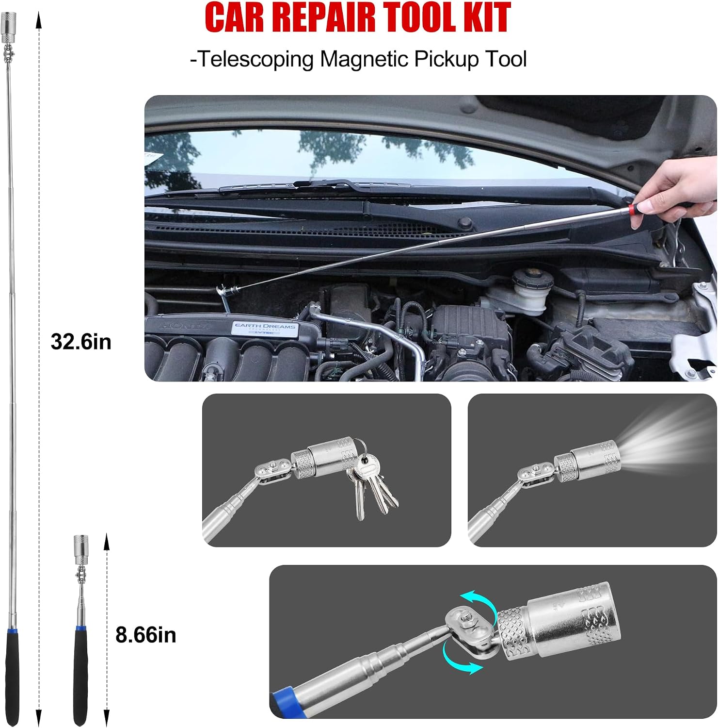 26PCS Car Tool Kit with Long Reach J-Hook, Telescoping Magnetic Pickup Tool with Light, Trim Removal, Air Wedge Bag for Minor Repairs of Car, Home etc.