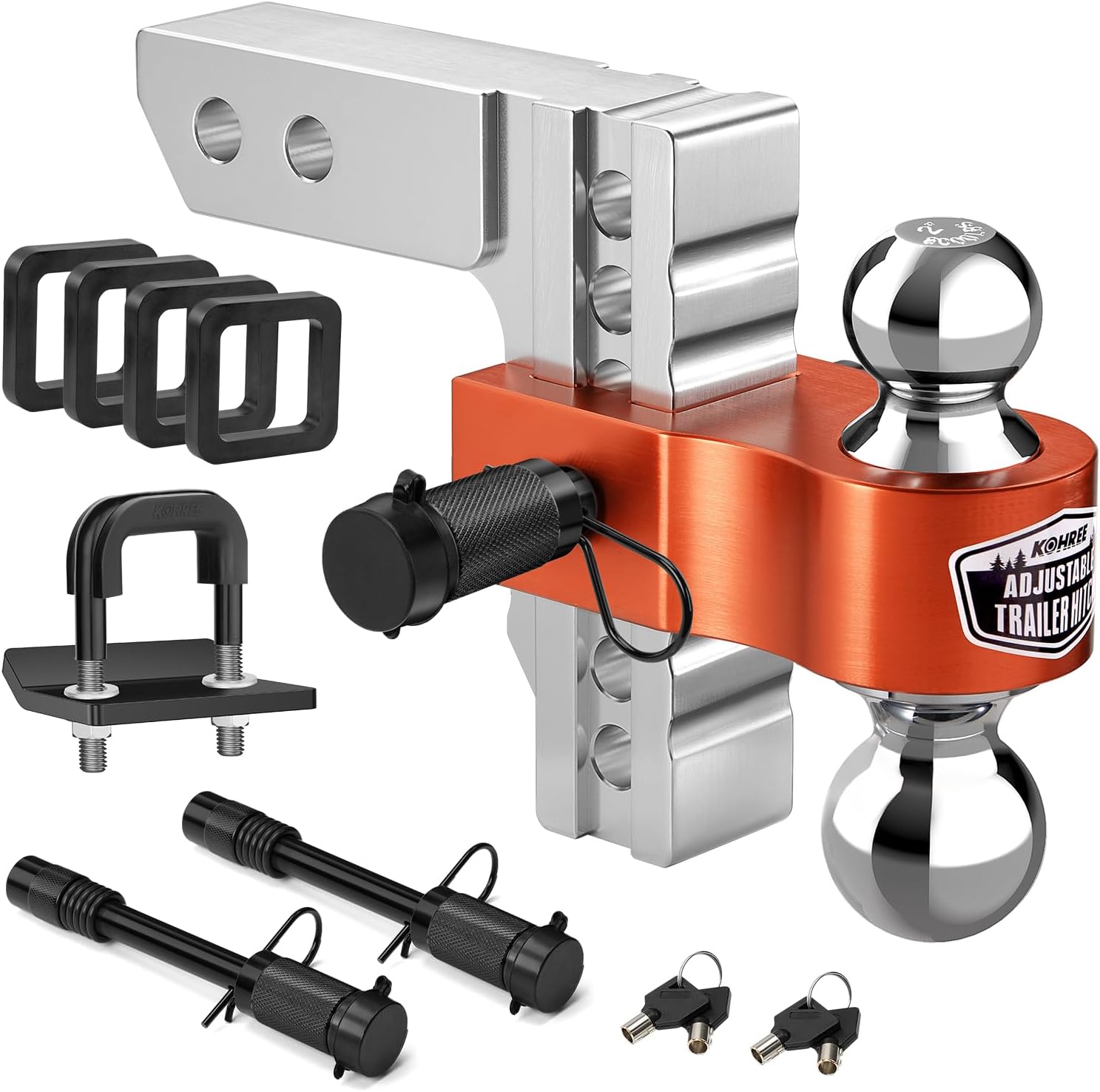 Kohree Adjustable Trailer Hitch Fit 2 Inch Receiver, Dual Solid Ball 2" and 2-5/16"(12,500 LBS GTW), 6" Drop & Rise Heavy Duty Aluminum Tow Hitch with 4 Silencer Pads & 2 Locking Hitch Pin, Orange