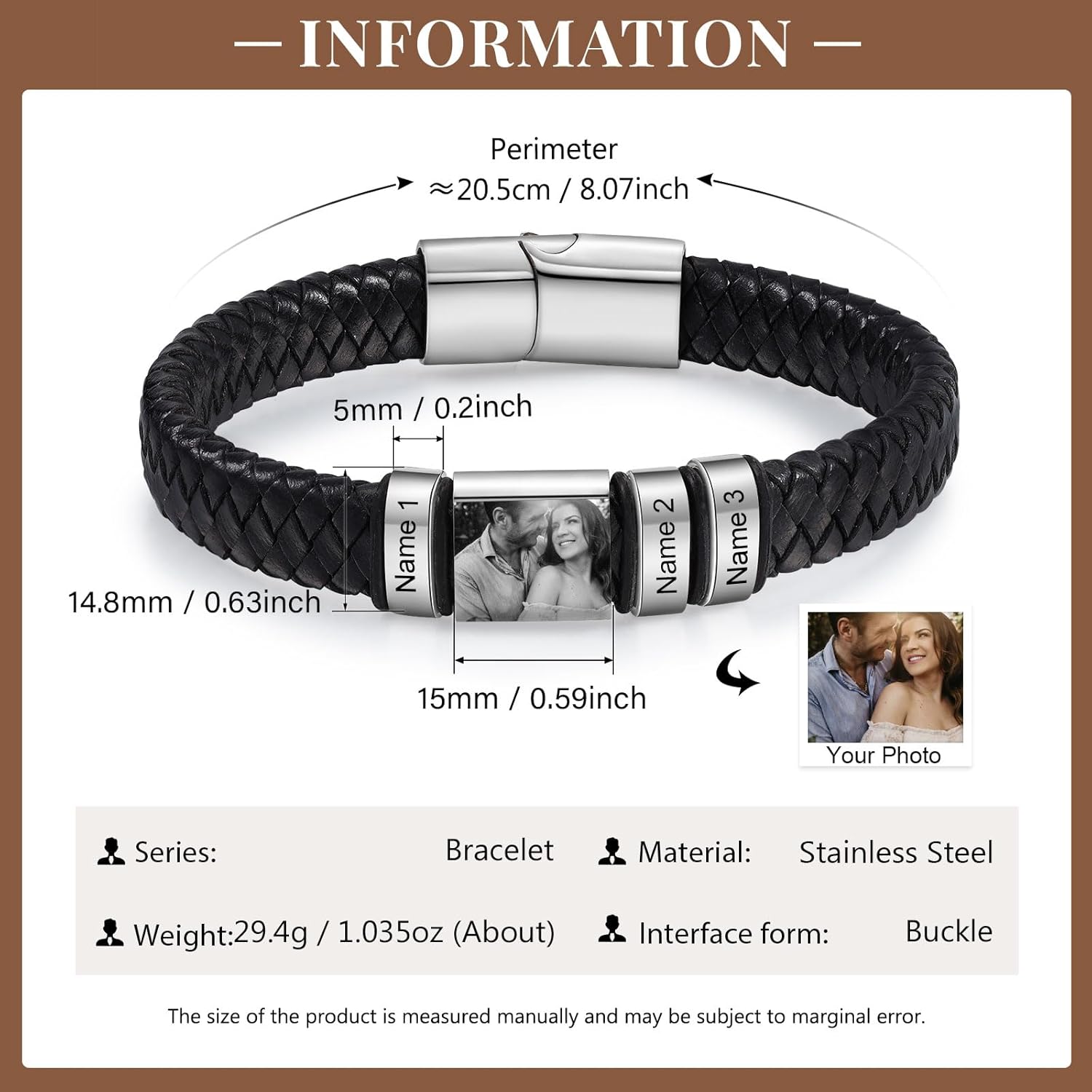 Personalized PU Leather Bracelet with Photo for Men Leather Bracelet Beads Engraved Names for Dad Husband Personalized Gifts Silver Black